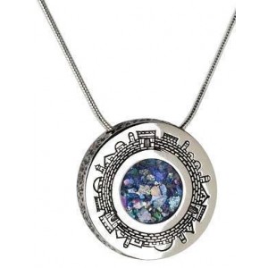 Sterling Silver Pendant with Roman Glass and Jerusalem Engraving-Rafael Jewelry Jerusalem Day