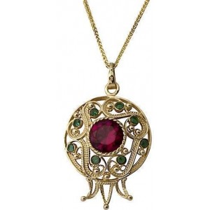 14k Yellow Gold Pendant with Ruby & Emerald in Pomegranate Shape Rafael Jewelry Designer Bijoux Juifs