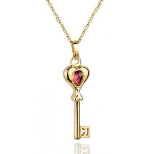 14k Yellow Gold Key Pendant with Garnet Stone Rafael Jewelry Designer Colliers & Pendentifs