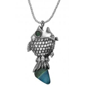 Sterling Silver Fish Pendant with Eilat Stone & Emerald by Rafael Jewelry Bijoux Juifs