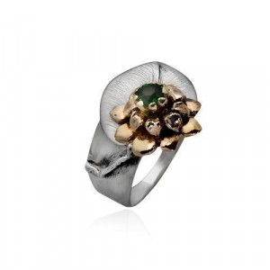 Rafael Jewelry Flower Ring in Sterling Silver and 9k Yellow Gold with Emerald Bijoux Juifs