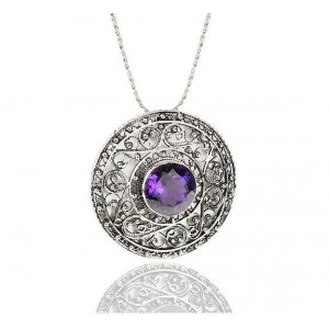 Round Pendant in Sterling Silver with Amethyst and Filigree Design by Rafael Jewelry Bijoux Juifs