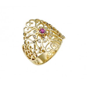 14k Gold Ring with Diamond & Ruby and Heart Motif Rafael Jewelry Designer Bijoux Juifs