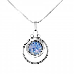 Sterling Silver Pendant Circle Shaped with Roman Glass by Estee Brook Israeli Jewelry Designers