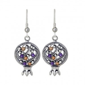 Sterling Silver Pomegranate Earrings with Gemstones by Rafael Jewelry Bijoux Juifs
