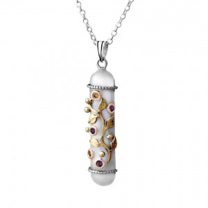 Sterling Silver Amulet Pendant with Gems and Yellow Gold leaves by Rafael Jewelry Bijoux Juifs