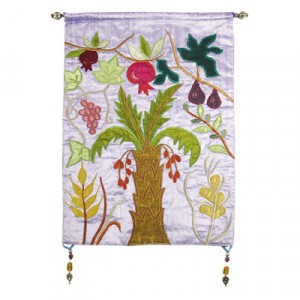 Yair Emanuel Raw Silk Embroidered Wall Decoration with Seven Species in Violet Souccot
