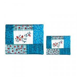Yair Emanuel Set of Blue Embroidered Tallit and Tefillin Bag with Pomegranates Pochettes de Talit