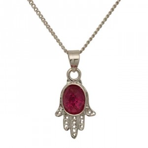 Rhodium Plated Pendant with Hamsa Design and Ruby Marina Jewelry