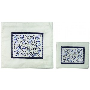 Yair Emanuel Tallit Bag Set in White with Blue Pomegranates and Grapes Pochettes de Talit