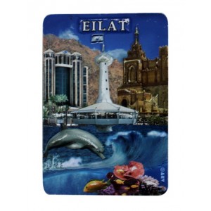 Plastic Magnet with Eilat Landmarks, Dolphin and English Text in White Magnets