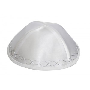 White Satin Kippah with Silver Wavy Lines and Four Large Sections Kippas