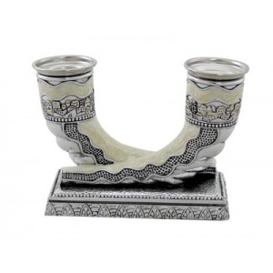 Silver Polyresin Shabbat Candlesticks with Jerusalem and Enamel Finish Default Category