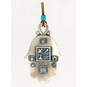 Silver Hamsa with Blessing Symbols, Leather Cord and Turquoise Bead Décorations d'Intérieur