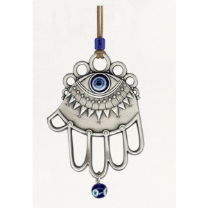 Silver Hamsa Wall Hanging with Modern Evil Eye Design and Hanging Bead Décorations d'Intérieur