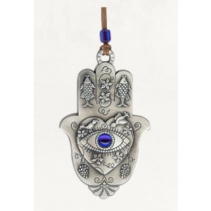 Silver Hamsa with Large Eye, Grapevines, Fish and Doves! Art Israélien