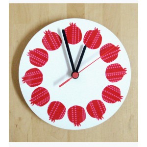 White Analog Clock with Red Striped Pomegranates by Barbara Shaw Horloges