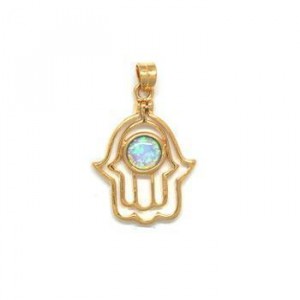 Rhodium Plated Hamsa Pendant with Blue Opal Marina Jewelry