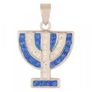 Rhodium Plated Menorah Pendant with Blue Sapphires and Zircons Marina Jewelry