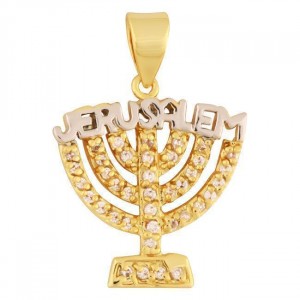 Menorah Pendant with Zircon Stones un Gold and Rhodium Plated Jerusalem Jewelry