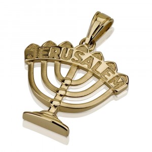 Menorah with Jerusalem Engraving Pendant in 14k Yellow Gold Jerusalem Jewelry