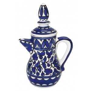 Turkish Coffee Pot with Anemones Flower Motif in Blue Armenian Ceramics