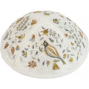 Kippah with Gold & Silver Embroidered Birds & Flowers- Yair Emanuel Kippas