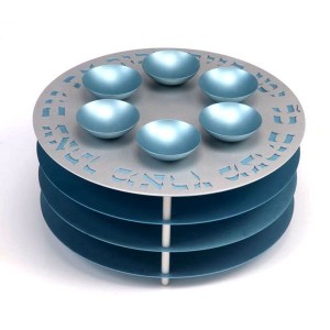 Teal Aluminum Seder Plate with Matzah Plates, Hebrew Text and Six Bowls Agayof