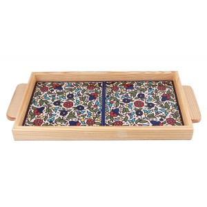 Armenian Ceramic Tray with Wooden Border and Floral Design Armenian Ceramics
