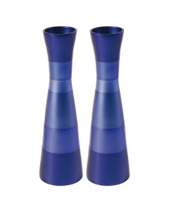 Yair Emanuel Anodized Aluminum Shabbat Candlesticks with Blue Stacked Rings Default Category