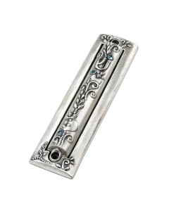 Silver Mezuzah with Block Frame, Hebrew Letter Shin, Crystals & Floral Pattern Artistes & Marques