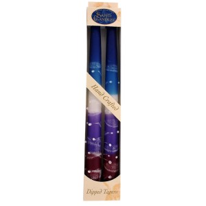 Wax Shabbat Candles by Safed Candles with Blue, Purple, White and Red Stripes Bougies de Fêtes Juives