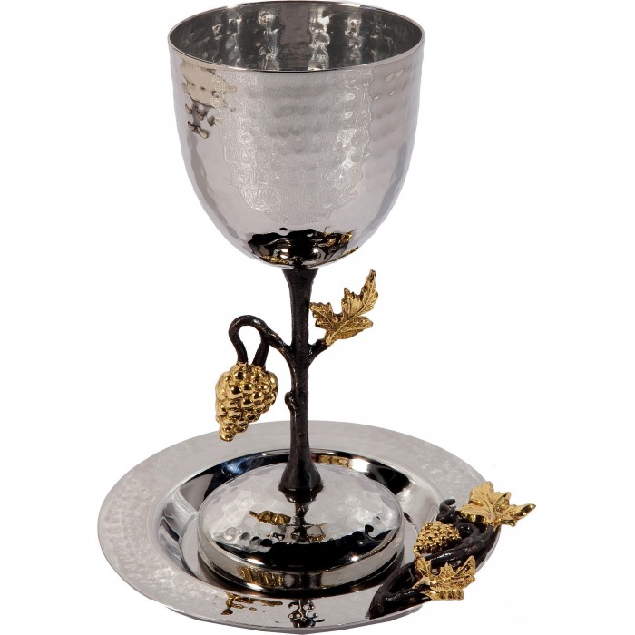 Tall Kiddush Cup and Plate with Grape Design by Yair Emanuel 
