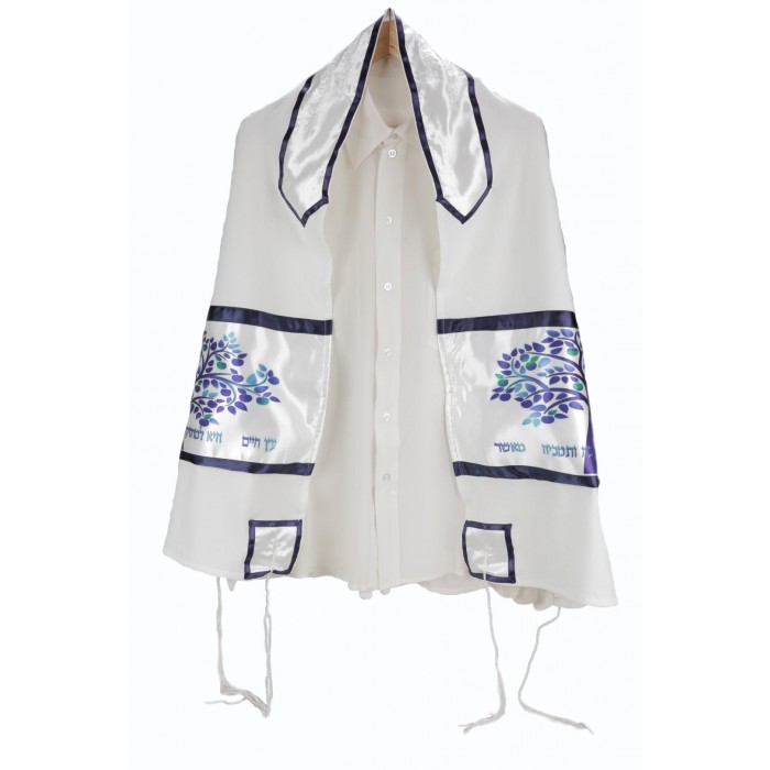 Tallit Set in white Viscose with Blue Tree of Life Depiction