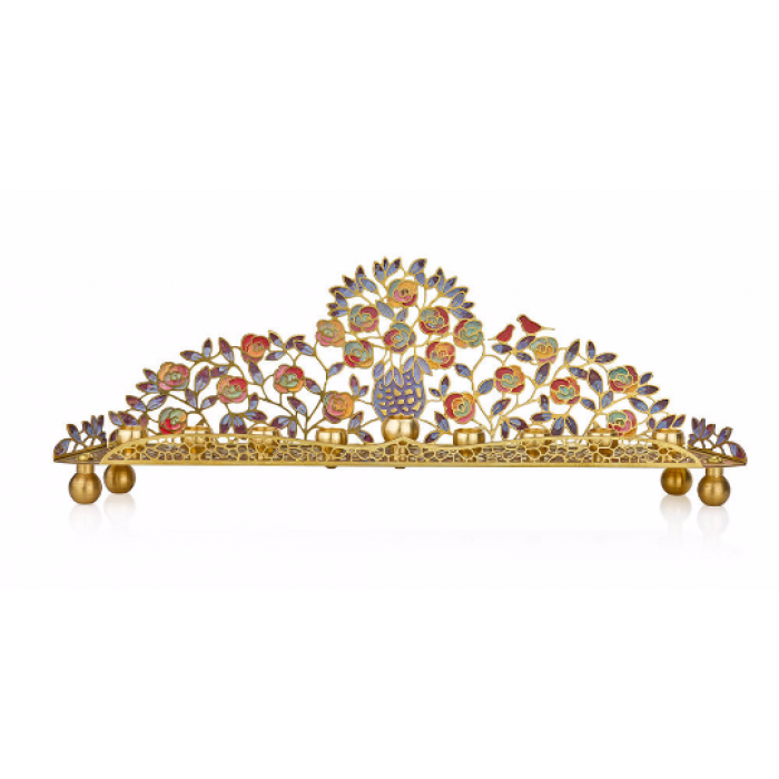 Menorah in Brass with Multi-Colored Flowers