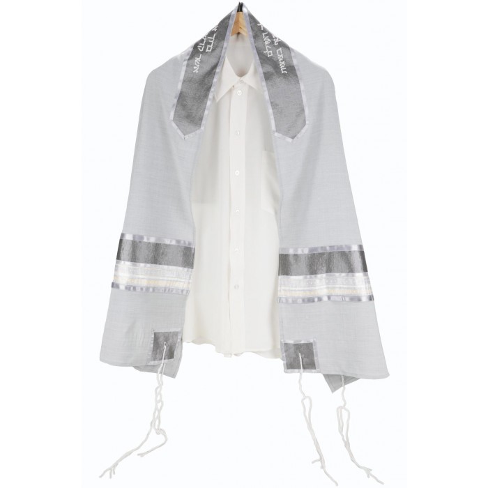 Tallit Set in Gray Viscose with Gray, Off-White and White Stripes