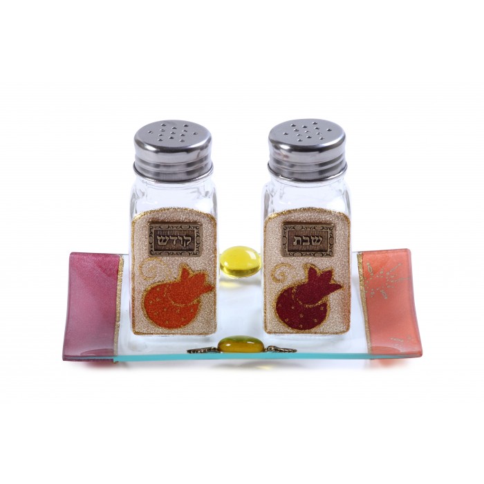 Glass Salt and Pepper Shaker Set for Shabbat with Pomegranate Theme