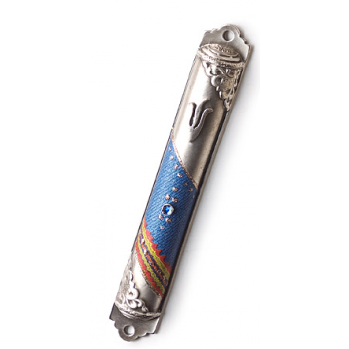 Pewter Mezuzah with Bold Blue Pattern