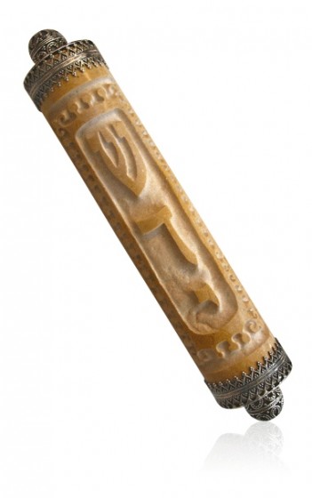 Cylindrical Jerusalem Stone Mezuzah with Divine Name of G-d and Silver Caps