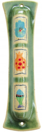 Green Ceramic Mezuzah with Fish, Pomegranate and Hamsa