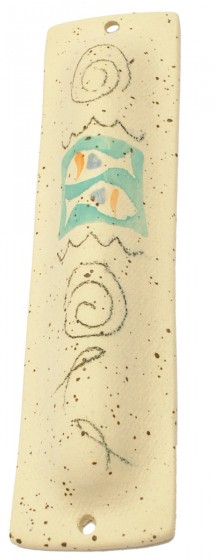 Mezuzá de Cerâmica Branca com Quadrado Turquesa, Peixe e Romã