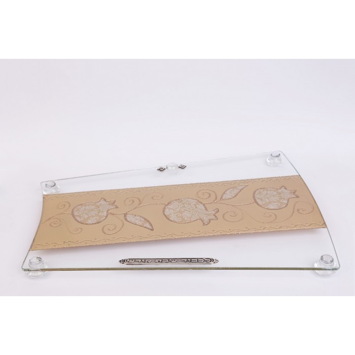 Angled Glass Challah Board with Pomegranates, Hebrew Text and Scrolling Lines