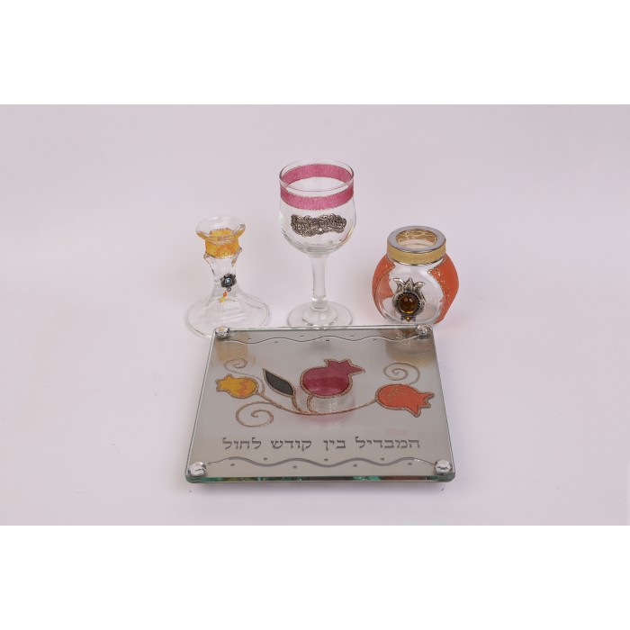 Glass Havdalah Set with Pomegranates, Hebrew Text and Scrolling Lines