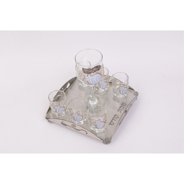Glass Wine Cup Set with Kiddush Cup, Tray, Six Small Cups and Pomegranates