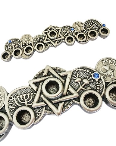 Hanukkah Menorah with Decorative Coins and Judaic Symbols