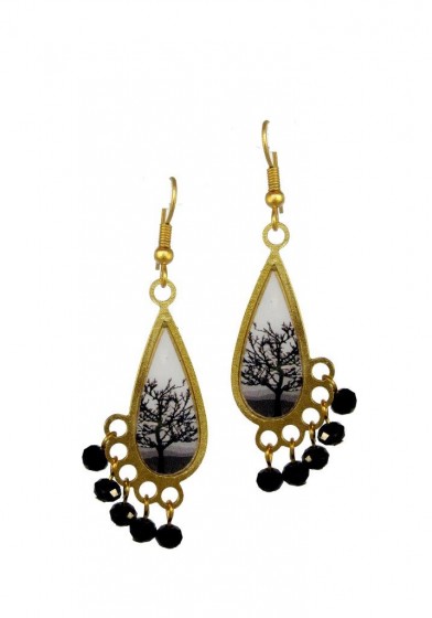 Teardrop-Shaped Earrings with Tree and Asymmetrical Black Beads
