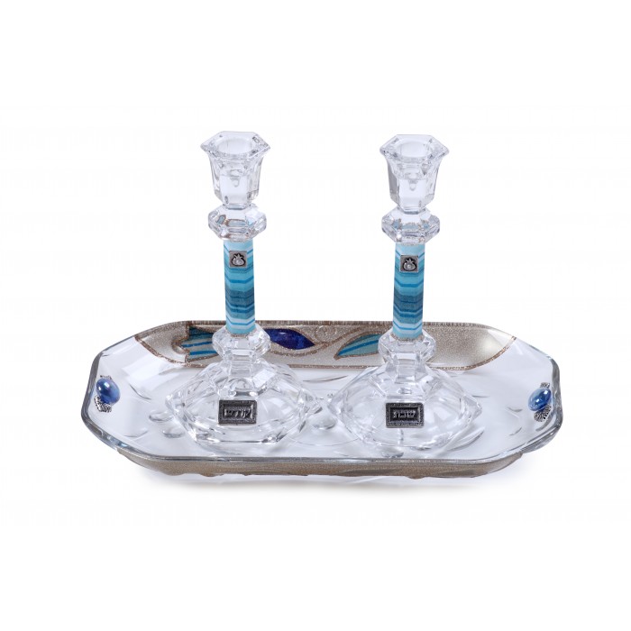 Large Crystal Shabbat Candlesticks with Blue Stripes, Flower, and Tray