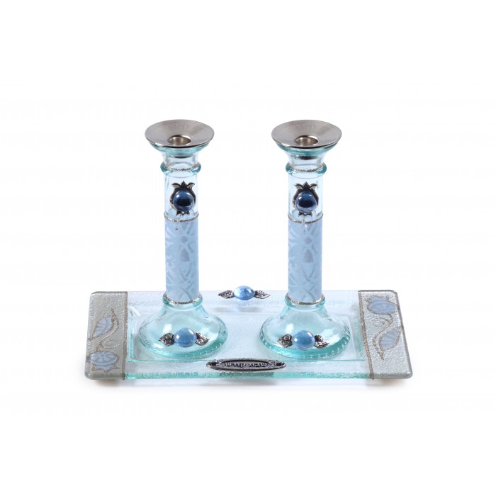 Glass Shabbat Candlesticks with White Floral Pattern, Flowers and Tray