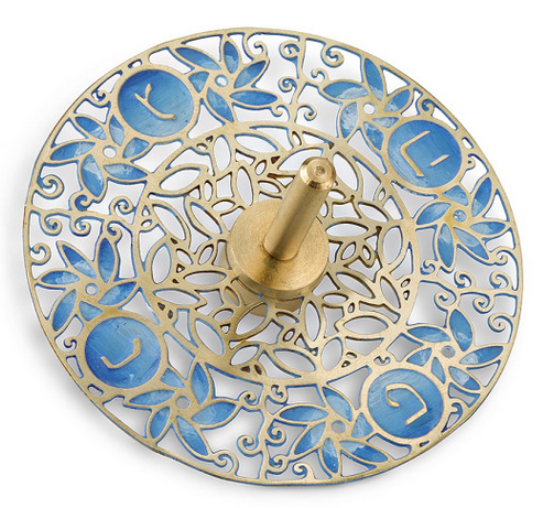 Round Brass Dreidel with Hebrew Text, Dark Blue Leaves and Scrolling Lines