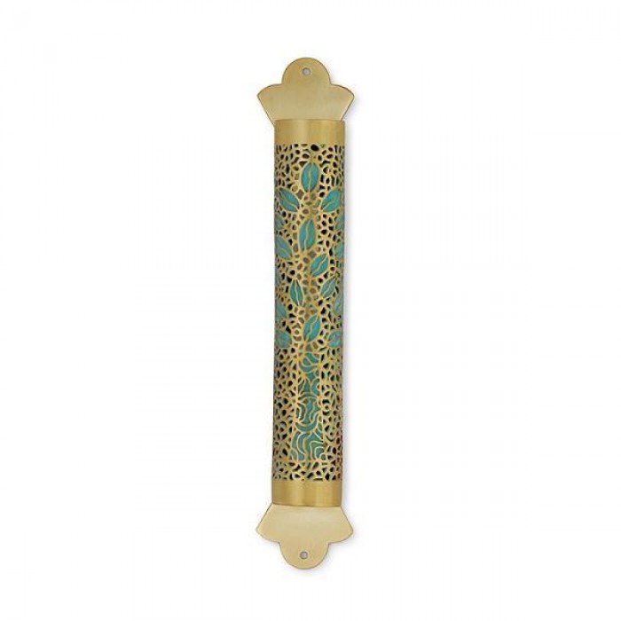 Brass Mezuzah with Patina Tree of Life Design and Mosaic Pattern
